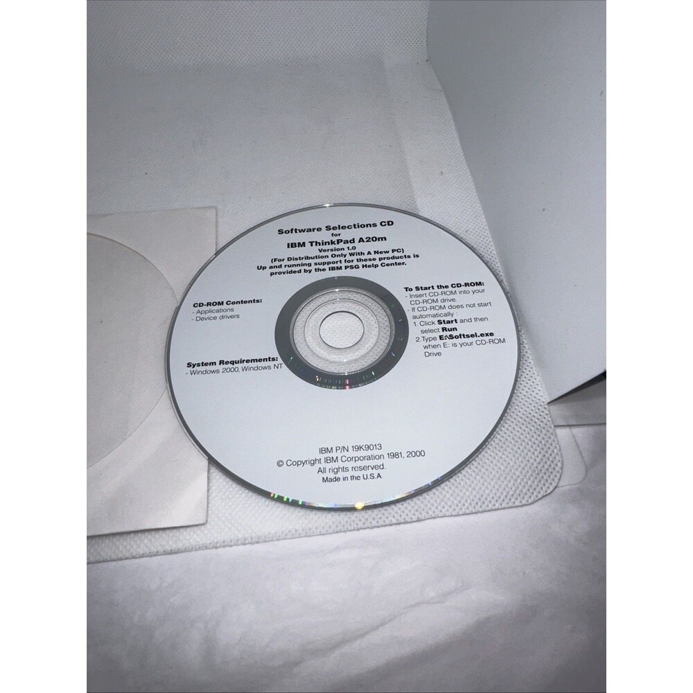 IBM Thinkpad A20m Version 1.0 Software Selection 19k9013 Device Drivers & Applic